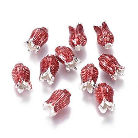 Alloy Enamel Beads, Flower, Red, Silver Color Plated, 11x7mm, Hole: 1.8mm; Inner Diameter: 3.5mm