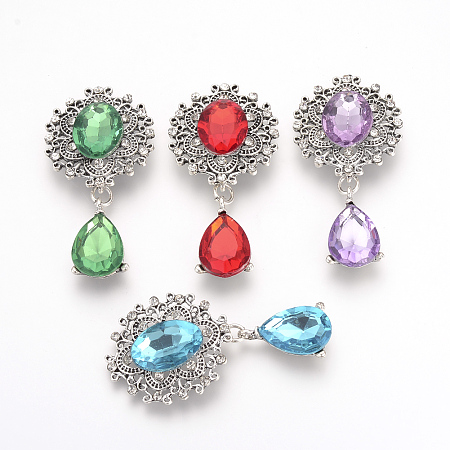 ARRICRAFT Alloy Flat Back Cabochons, with Acrylic Rhinestones, Oval and Teardrop, Antique Silver, Faceted, Mixed Color, 56x28x6mm, Pendant: 23x14x6mm