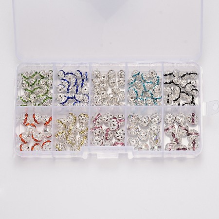 Brass Grade A Rhinestone Beads, Silver Color Plated, Mixed Color, 6~8mm, Hole: 1mm; 150pcs/box