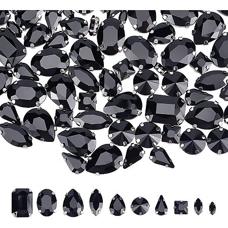 CHGCRAFT 100pcs 10 Styles Sew On Glass Rhinestones Crystals Rhinestones Mixed Shapes Metal Prong Setting Flatback Rhinestones Sewing Claw for Craft, Jewelry Making, Black