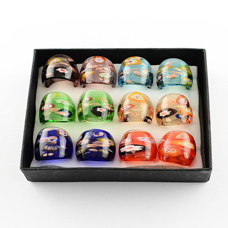 Honeyhandy Handmade Gold Sand Millefiori Lampwork Rings, Mixed Color, 17~19mm, about 12pcs/box