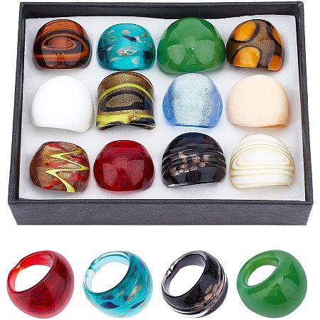 Pandahall Elite 12Pcs Mixed Handmade Lampwork Wide Band Rings Mixed Color Glass Ring 0.66in~0.74in/17mm~19mm Inner Diameter