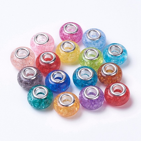 Arricraft Resin European Beads, Large Hole Rondelle Beads, with Brass Cores, Silver Color Plated, Mixed Color, 14x9mm, Hole: 4.5mm