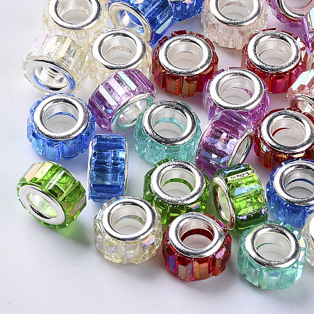 Arricraft Resin European Beads, with Silver Color Plated Brass Double Cores, Imitation Cat Eye, Frosted, Rondelle, Mixed Color, 14x8.5mm, Hole: 5mm