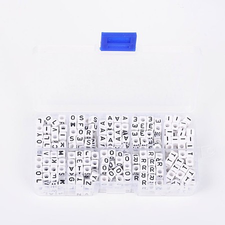 1 Box Letter Acrylic Beads, Cube, Letter A/E/I/O/R/T and Random Letters(4 compartments), White, 6x6x6mm, Hole: 3mm; about 40pcs/compartment, 400pcs/box