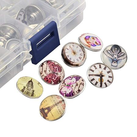 ARRICRAFT 1 Box About 32pcs 4 Style Brass Jewelry Snap Buttons with Glass Cabochons Flat Round Buttons for Jewelry Making (Clock Pattern, Bird, Butterfly, Eiffel Tower)