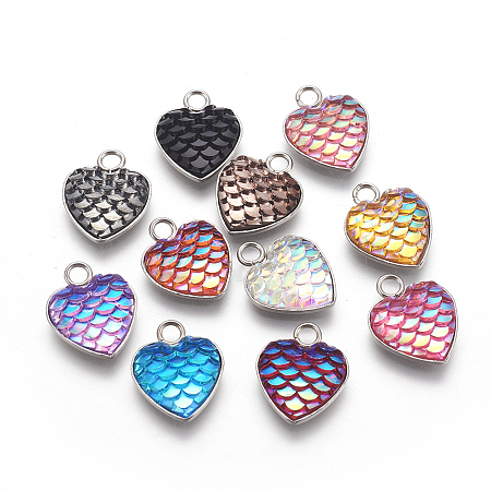 Honeyhandy 304 Stainless Steel Pendants, with Resin, Heart with Fish Scale Shape, Stainless Steel Color, Mixed Color, 16x13x3.5mm, Hole: 2mm