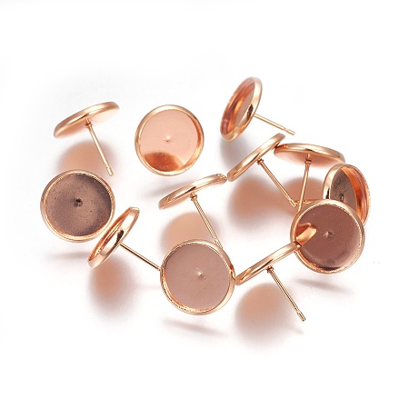 Honeyhandy 304 Stainless Steel Stud Earrings Findings, Flat Round, Rose Gold, Tray: 10mm, 13x12mm, Pin: 0.8mm