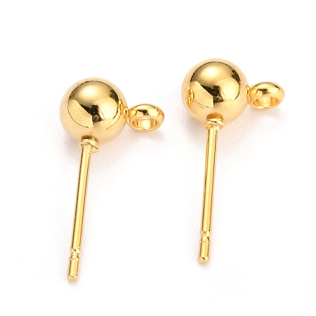 Honeyhandy 304 Stainless Steel Ball Post Stud Earring Findings, with Loop and 316 Surgical Stainless Steel Pin, Real 18k Gold Plated, 17x9x6mm, Hole: 1.6mm, Pin: 0.8mm