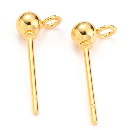 Honeyhandy 304 Stainless Steel Ball Post Stud Earring Findings, with Loop and 316 Surgical Stainless Steel Pin, Real 18k Gold Plated, 15x5x3mm, Hole: 1.5mm, Pin: 0.7mm