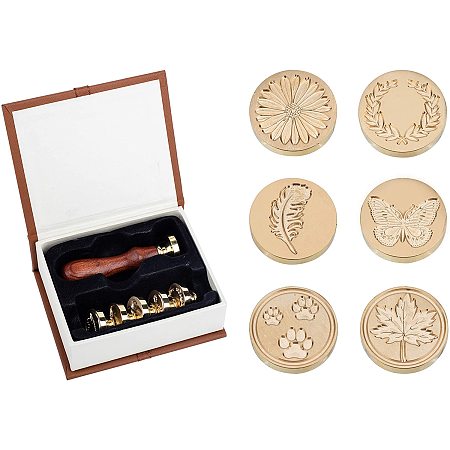 PandaHall Elite Wax Seal Stamp Set, 6pcs Sealing Wax Stamp Heads + Wooden Handle for Invitations Cards Letters Envelopes(Feather, Butterfly, Maple Leaf, Olive Branch, Dog Paws, Daisy Flower)