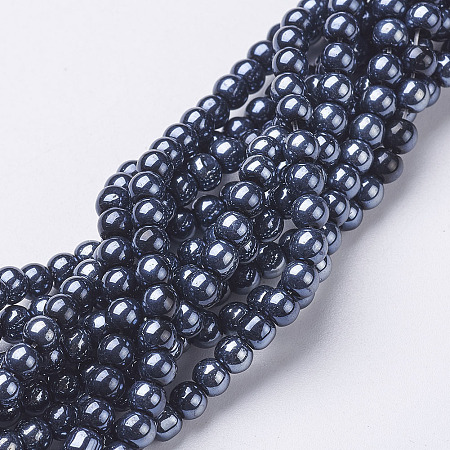 Arricraft Glass Beads Strands, Pearl Luster Plated, Round, Black, about 4mm in diameter, hole: 1mm, about 80pcs/strand, 13 inches