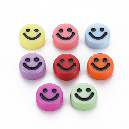 Honeyhandy Opaque Acrylic Beads, with Enamel, Flat Round with Smile Face, Mixed Color, 10x5mm, Hole: 2mm