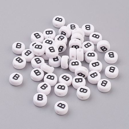 Honeyhandy Flat Round with Letter B Acrylic Beads, with Horizontal Hole, White & Black, Size: about 7mm in diameter, 4mm thick, hole: 1mm