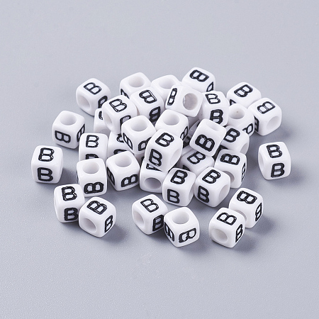 6MM Letter B Cube Acrylic Beads, White, Size: about 6mm wide, 6mm long, 6mm high, hole: 3.2mm, about 300pcs/50g