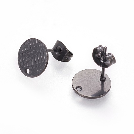 Honeyhandy 304 Stainless Steel Ear Stud Findings, with Ear Nuts/Earring Backs and Hole, Textured Flat Round, Electrophoresis Black, 10mm, Hole: 1.2mm, Pin: 0.8mm