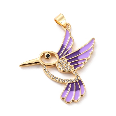 ARRICRAFT Brass Micro Pave Clear Cubic Zirconia Pendants, with Enamel, Long-Lasting Plated, Real 18K Gold Plated, Bird, Lilac, 33.5x31x2mm, Hole: 3x4mm