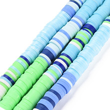 Handmade Polymer Clay Bead Strands, Heishi Beads, Disc/Flat Round, Mixed Color(Main Color: Light Sky Blue & Spring Green), 6x0.3~1.5mm, Hole: 1.6mm, about 335~351pcs/strand, 15.47 inch~15.71 inch(39.3cm~39.9cm)