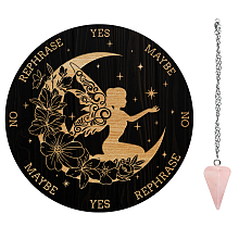 AHANDMAKER 1Pc Cone/Spike/Pendulum Natural Rose Quartz Stone Pendants, 1Pc 304 Stainless Steel Cable Chain Necklaces, 1Pc PVC Custom Pendulum Board, Dowsing Divination Board, Angel & Fairy Pattern, Board: 200x4mm