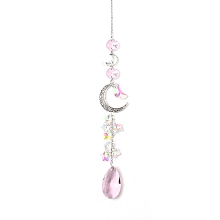 Honeyhandy Glass Moon Hanging Suncatcher Pendant Decoration, Teardrop Crystal Ceiling Chandelier Ball Prism Pendants, with Alloy & Iron Findings, Hot Pink, 420~430mm