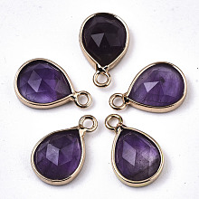 Honeyhandy Natural Amethyst Charms, with Light Gold Plated Brass Edge and Loop, Teardrop, Faceted, 14x9x4.5mm, Hole: 1.5mm