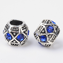 Honeyhandy Alloy Rhinestone Rondelle Large Hole European Beads, Antique Silver, Sapphire, 11x9mm, Hole: 5mm