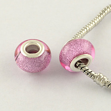 Honeyhandy Large Hole Acrylic European Beads, with Silver Color Plated Brass Double Cores, Rondelle, Pearl Pink, 14x9mm, Hole: 5mm