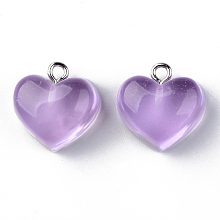 Honeyhandy Transparent Resin Pendants, with Platinum Tone Iron Loop, Heart, Plum, 16.5x17x9.5mm, Hole: 1.8mm