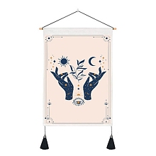 Honeyhandy Tarot Pattern Polycotton Wall Hanging Tapestry, Vertical Tapestry, with Wood Rod & Iron Traceless Nail & Cord, for Home Decoration, Rectangle with Palm/Moon/Sun/Flower Pattern, Prussian Blue, 500x350mm