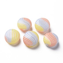 Honeyhandy Handmade Blown Glass Globe Beads, Stripe Pattern, Flat Round, Orange Red, 15~16x9~10mm, Hole: 0.8~1mm