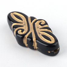 Honeyhandy Rhombus Plating Acrylic Beads, Golden Metal Enlaced, Black, 30x14x5.5mm, Hole: 1mm