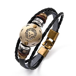 Honeyhandy Braided Leather Cord Retro Multi-strand Bracelets, with Wood Beads, Hematite Beads and Alloy Findings, Flat Round,  Antique Bronze, Leo, 8-1/4 inch(21cm)