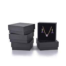 Honeyhandy Cardboard Jewelry Set Box, for Ring, Earring, Necklace, with Sponge Inside, Square, Black, 7.6x7.6x3.2cm, Inner Size: 6.9x6.9cm, Without Lid Box: 7.2x7.2x3.1cm