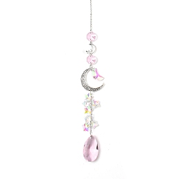 Honeyhandy Glass Moon Hanging Suncatcher Pendant Decoration, Teardrop Crystal Ceiling Chandelier Ball Prism Pendants, with Alloy & Iron Findings, Hot Pink, 420~430mm