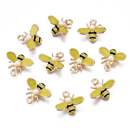 Honeyhandy Alloy Enamel Pendants, with ABS Imitation Pearl Plastic Beads, Light Gold, Bee, Yellow, 15x17.5x6mm, Hole: 2mm