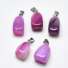 Honeyhandy Natural Banded Agate/Striped Agate Pendants, Dyed, with Stainless Steel Snap On Bails, Cuboid, Stainless Steel Color, Magenta, 20~23x9~13x9~13mm, Hole: 3~4x7~8.5mm