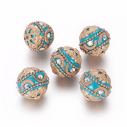 Honeyhandy Handmade Indonesia Beads, with Alloy Findings and Iron Chain, Round, Light Gold, Dark Turquoise, 20x19.5mm, Hole: 2mm