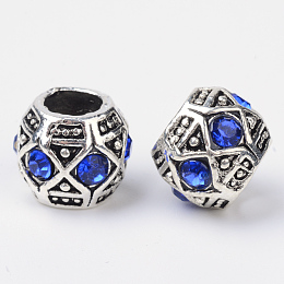 Honeyhandy Alloy Rhinestone Rondelle Large Hole European Beads, Antique Silver, Sapphire, 11x9mm, Hole: 5mm