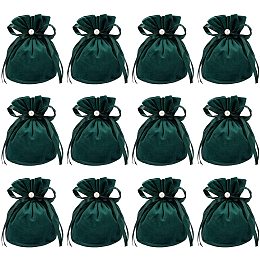 NBEADS 12 Pcs Velvet Bags, Drawstring Pouches Jewelry Storage Bags with Plastic Imitation Pearl for Christmas Wedding Birthday Party Favors, Dark Green, 13.2x14cm