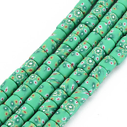 Handmade Polymer Clay Bead Strands, Column with Flower, Medium Aquamarine, 6x5mm, Hole: 1mm, about 63~64pcs/strand, 15.75 inch~15.94 inch(40cm~40.5cm)