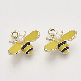 Honeyhandy Alloy Enamel Pendants, with ABS Imitation Pearl Plastic Beads, Light Gold, Bee, Yellow, 15x17.5x6mm, Hole: 2mm