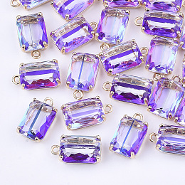 Honeyhandy Transparent Glass Pendants, with Brass Findings, Faceted, Rectangle, AB Color Plated, Light Gold, Medium Purple, 17.5x10x6.5mm, Hole: 1.6mm