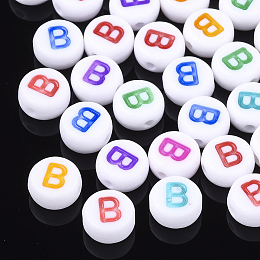 Honeyhandy Initial Acrylic Beads, Horizontal Hole, Flat Round, Mixed Color, Mixed Color, 7x4mm, Hole: 1.2mm, about 370pcs/50g