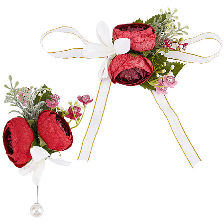 CRASPIRE Flower Wrist Corsage Wedding Corsage Ribbon Wrist Red Rose Artificial Flower Wrist Boutonniere Buttonholes Bridesmaid Flower Wrists Wedding Flowers Accessories