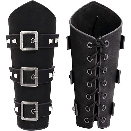 GORGECRAFT 2PCS Buckle Arm Bracers Retro Renaissance Leather Bracer Gauntlet Wristband Rivet Design Unisex Leather Cuffs Armband(Black)
