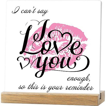 CREATCABIN Kiss Inspirational Quotes Desk Decor Gift I Can't Say I Love You Enough Home Office Decor Ceramic Plaque Positive Table Sign Cheer Up Gift with Wooden Stand for Men Friend Coworker Family