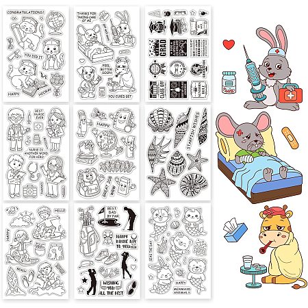 PandaHall Elite 9 Styles Clear PVC Plastic Stamps, Cat/Animal/Graduation/Sturdy/Starfish/Sport Theme Transparent Rubber Stamps for Scrapbooking Stamps Card Making Decoration Photo Card Album Crafting