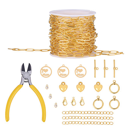 Honeyhandy DIY Bracelets & Necklaces Making Kits, include Brass Paperclip Chains & Toggle Clasps & Lobster Claw Clasps, Brass Cubic Zirconia & CCB Plastic Charms, Golden, 11x4.3x0.7mm, 5m/set