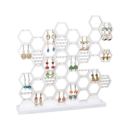 NBEADS Honeycomb Grid Wood Earring Display Stands, Assembled Earring Organizer Holder for Stud Earrings, Earring Hook Storage, White, Finish Product: 6.3x35x33cm, about 2pcs/set