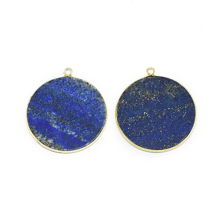Honeyhandy Natural Lapis Lazuli Pendants, with Brass Findings, Flat Round, Golden, 32~34x28.5~31x2mm, Hole: 1.6mm